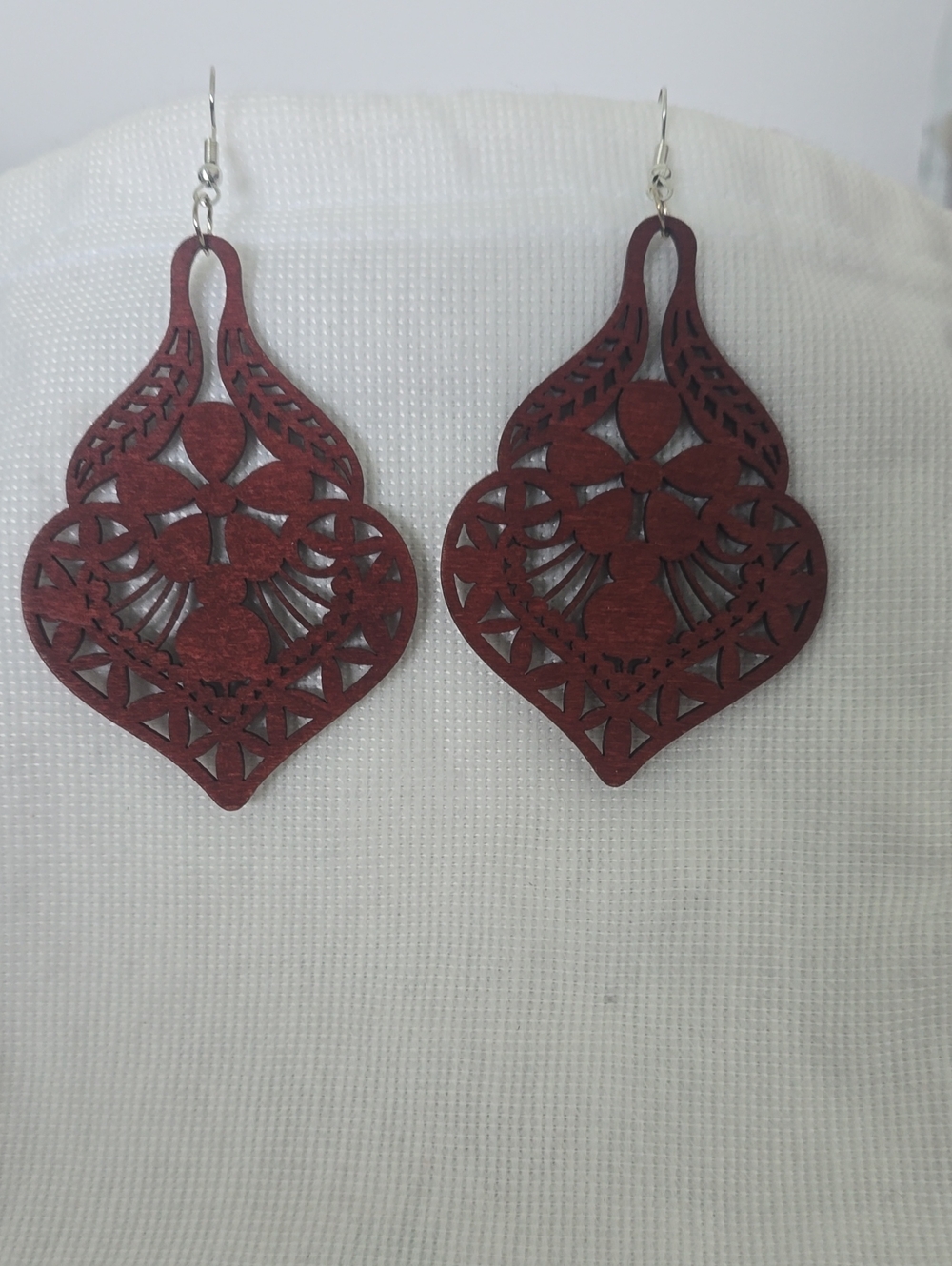 Red Floral Filigree Wood Drop Earrings